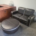 Black Leather Sofa Set With Trim - Loveseat, Armchair, Ottoman